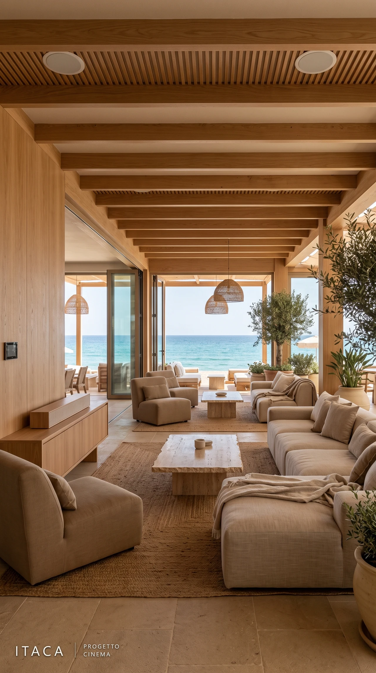 Calypso Beach Club — main lounge affacciata sul mare La main lounge con divani, travi in legno e affaccio sul mare.