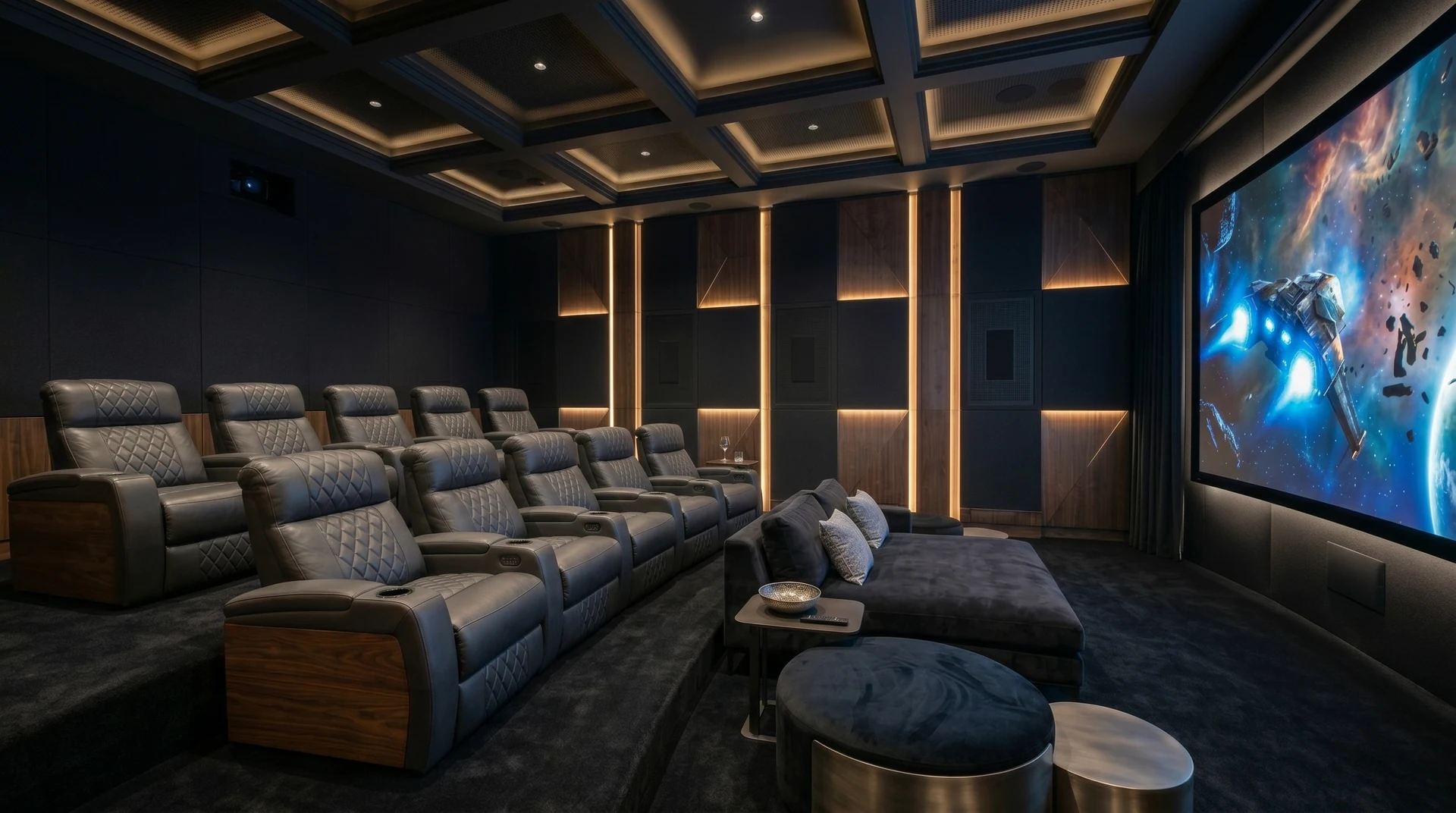 Poltrone, lounge e grande schermo nella sala con soffitto a cassettoni Sala cinema con poltrone su due livelli, divano lounge e soffitto a cassettoni.