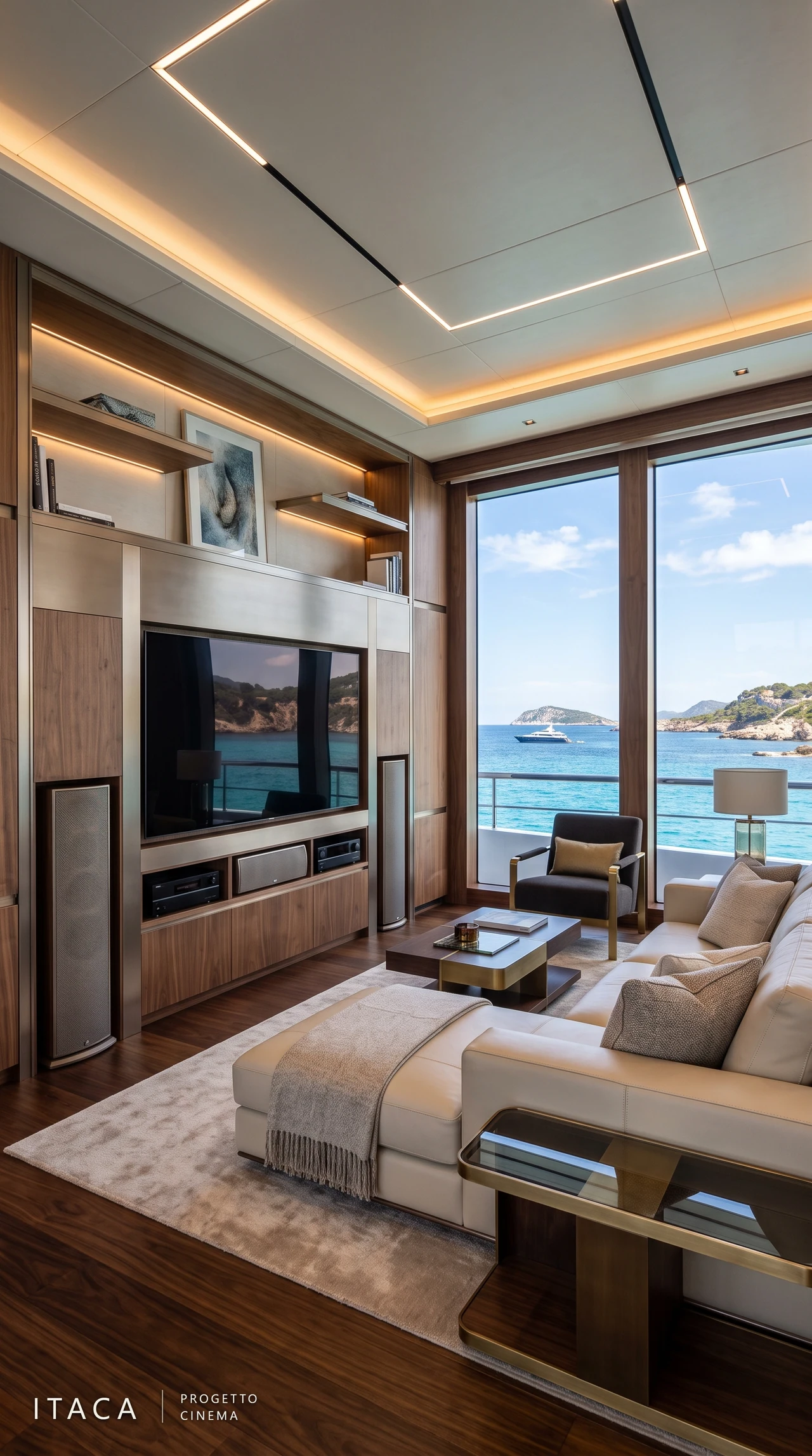 M/Y Aurea — main salon e parete video Il main salon con parete video, arredi in legno e area conversazione.
