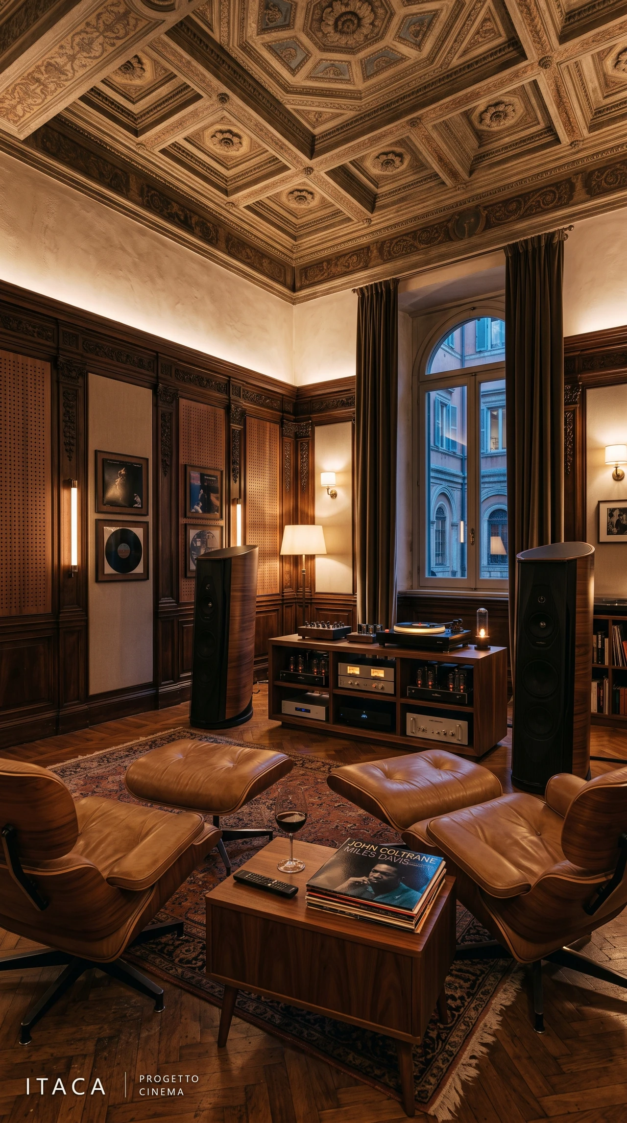 Palazzo Aurelio — listening room Hi-Fi La listening room con diffusori a torre, elettroniche e sedute in pelle.