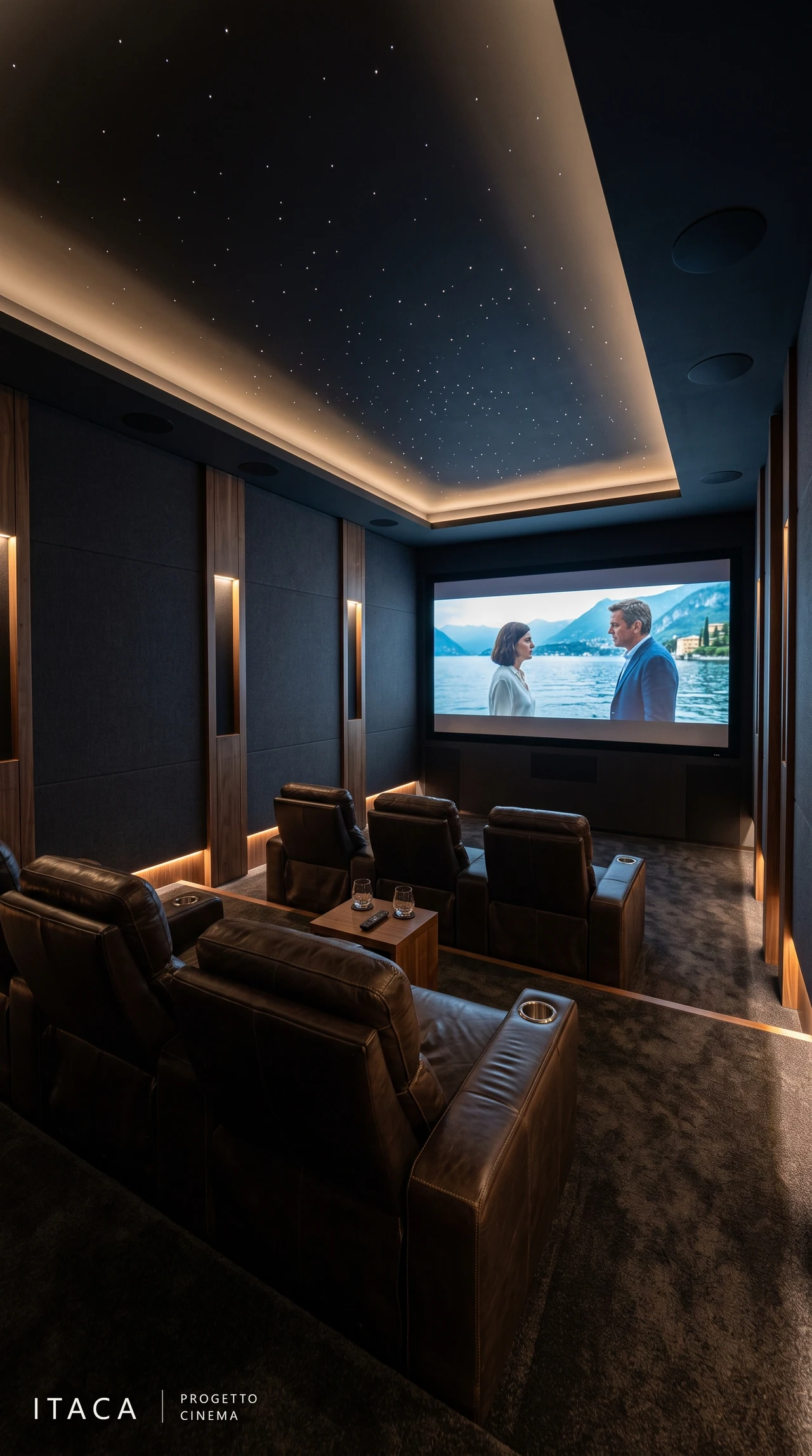 Villa Lario — sala cinema privata La sala cinema dedicata, con sedute reclinabili e soffitto stellato.
