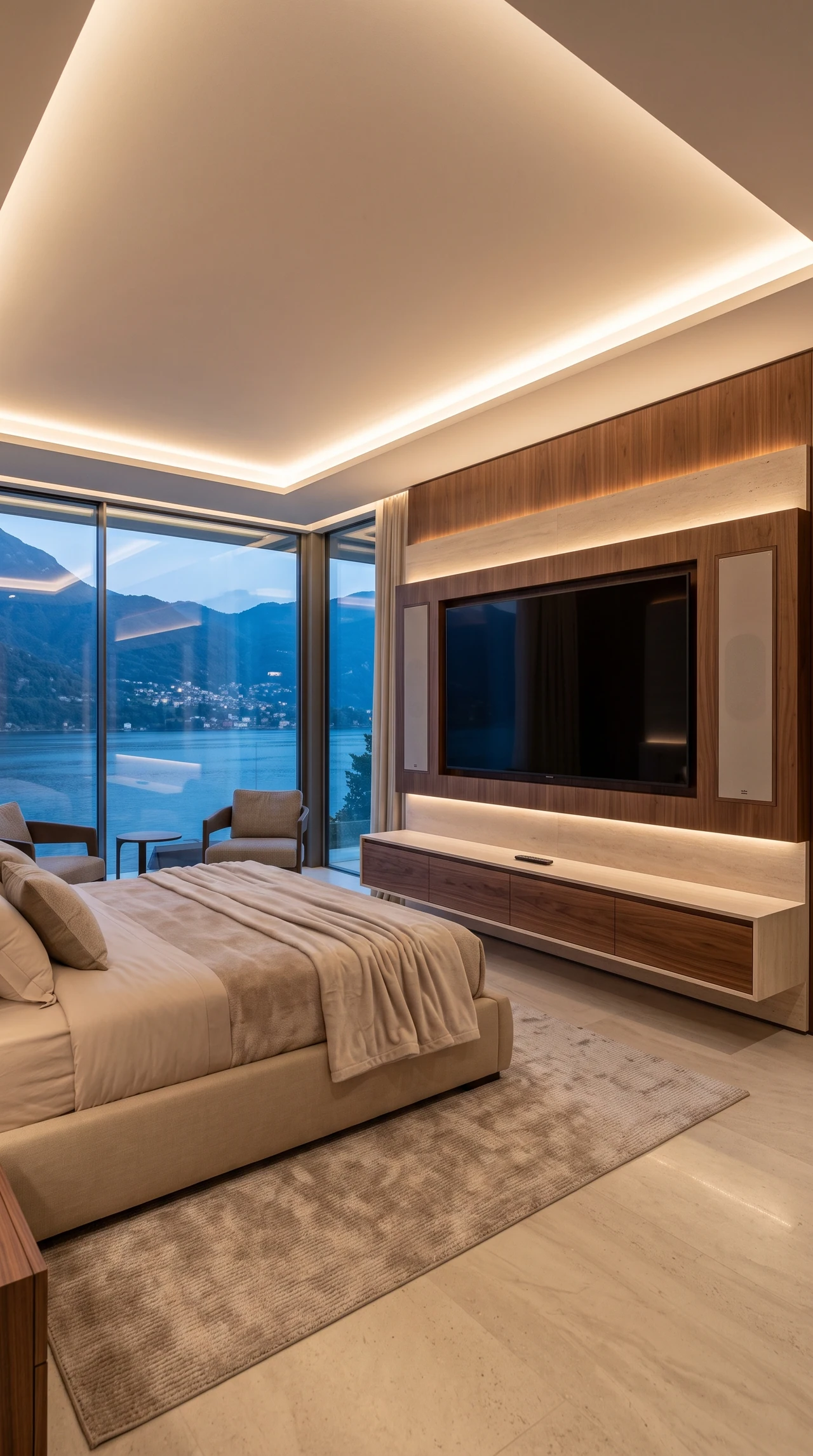 Villa Lario — suite affacciata sul lago La suite con schermo integrato nella parete in legno.